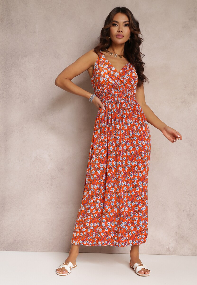 Pomarańczowa Rozkloszowana Sukienka Maxi na Ramiączkach z Cienkimi Gumkami w Talii Daniyelle