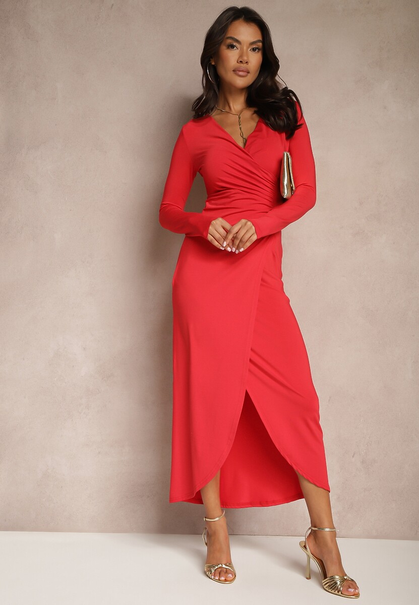 Czerwona Kopertowa Sukienka Koktajlowa z Wiskozą Tatillora