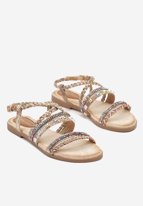 Złote Wężowe Sandały Ozdobione Ćwiekami i Cyrkoniami Pillitte
