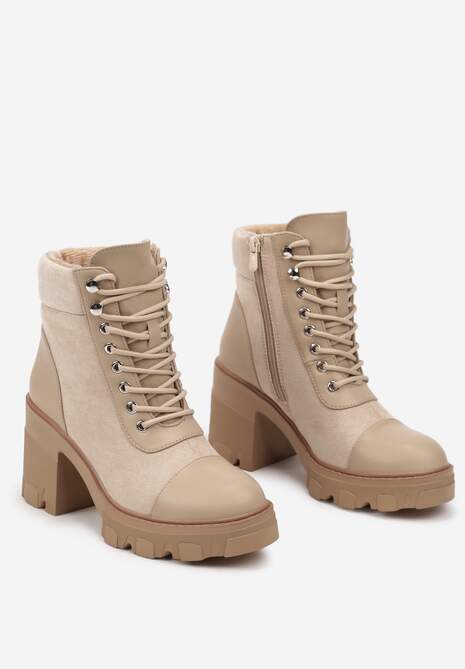 Beżowe Botki na Obcasie z Platformą Ozdobione Wstawkami Ezilda