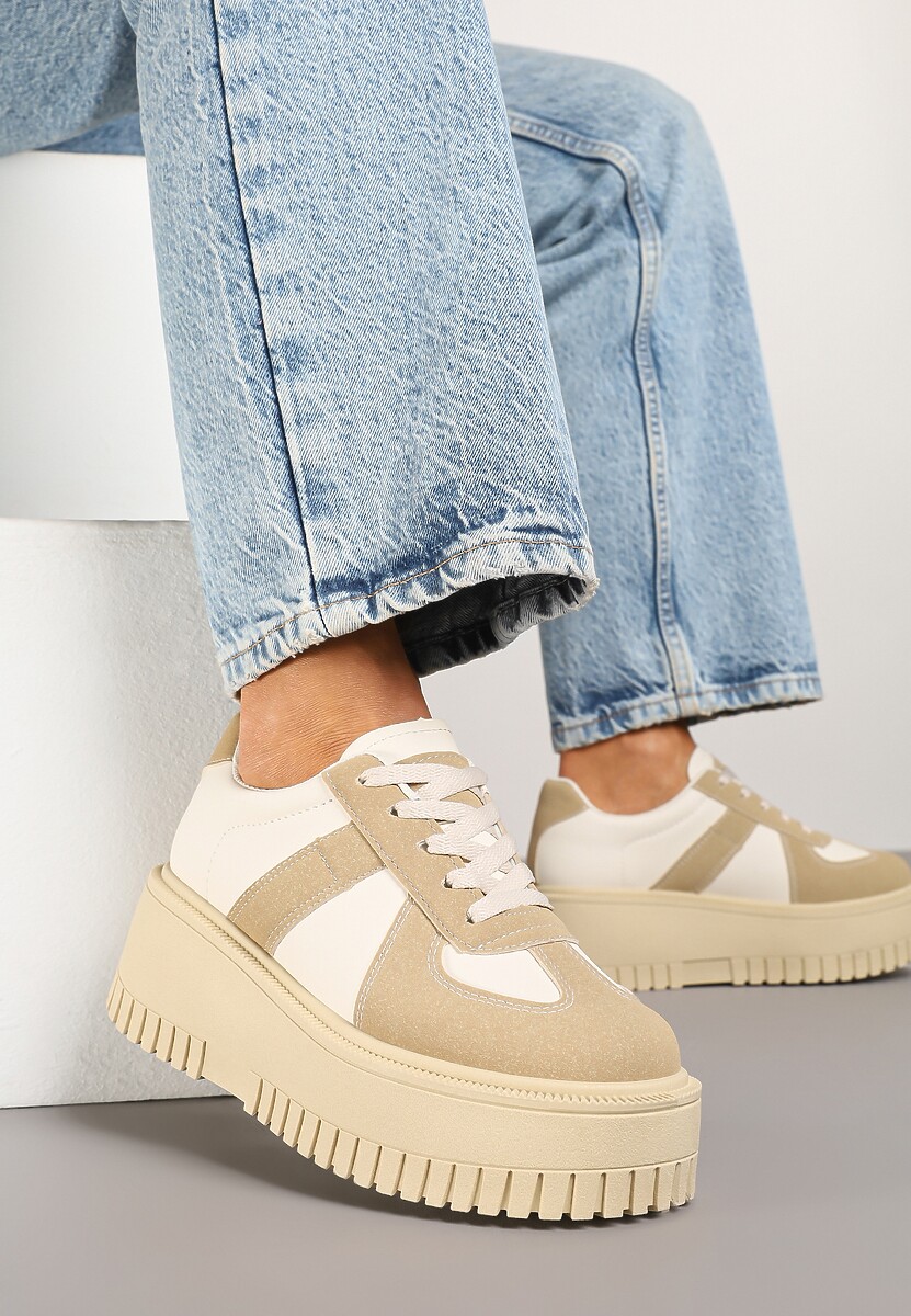 Ciemnobeżowe Sneakersy na Platformie Ozdobione Paskiem Vivesse