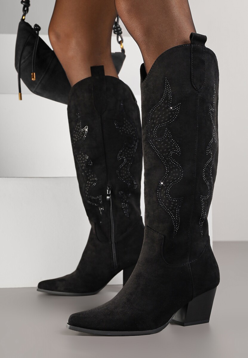 Brązowe Kozaki Kowbojki na Stożkowym Obcasie Zdobione Cyrkoniami Nalasania