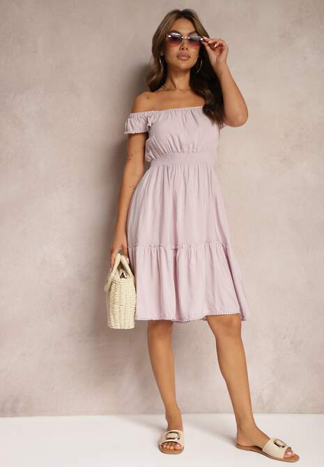 Jasnofioletowa Rozkloszowana Sukienka z Bawełną i Wiskozą Wykończona Falbankami i Gumką w Talii Imvia