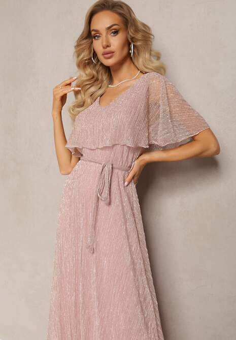 Ciemnoróżowa Koktajlowa Sukienka Maxi z Ozdobną Falbaną na Górze Cailey