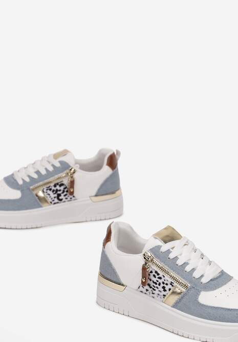 Biało-Niebieskie Sneakersy przed Kostkę z Suwakiem i Metaliczną Wstawką Ludovico