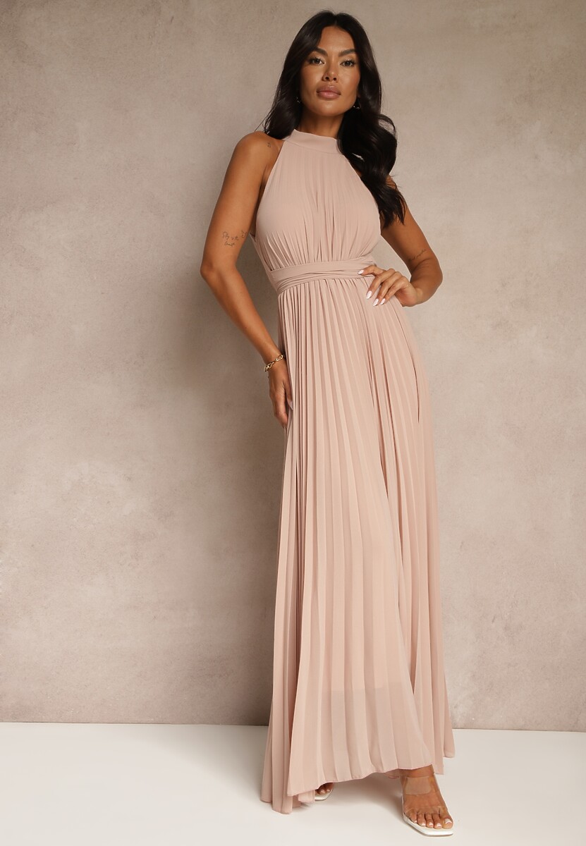 Czarna Sukienka Maxi bez Rękawów z Gumką w Talii z Plisowanej Tkaniny Pesstia