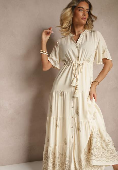 Beżowa Rozkloszowana Sukienka Boho z Wiskozy Zdobiona Haftem i Wiązaniem Falvania
