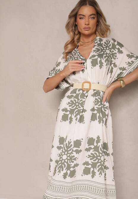 Ciemnozielona Wiskozowa Sukienka o Pudełkowym Kroju z Dekoltem w Serek Adellira