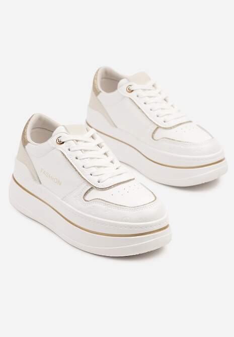 Biało-Złote Sneakersy na Platformie Ozdobione Brokatem i Napisem Udivoria