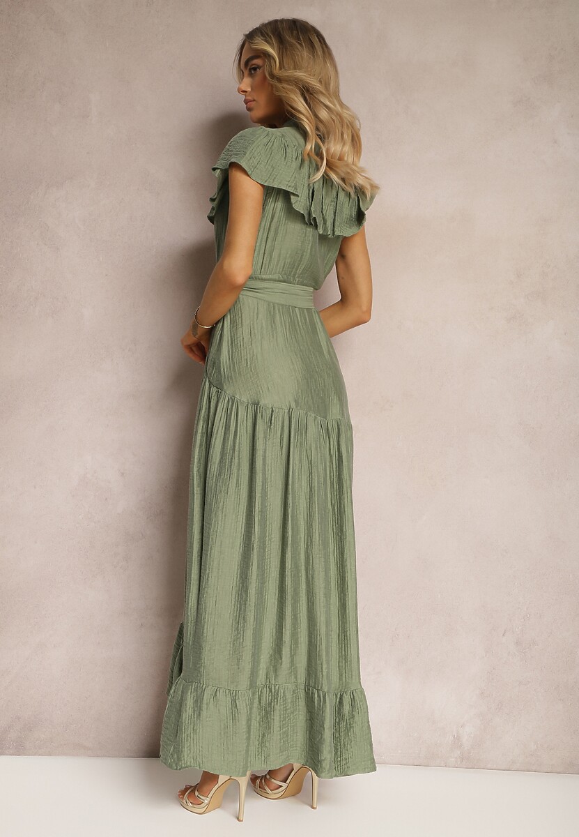 Zielona Sukienka z Materiałowym Paskiem i Wiskozą Wykończona Guzikami i Falbanką Hanesi