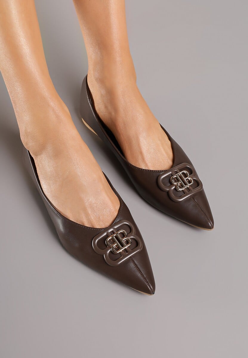 Brązowe Balerinki ze Szpiczastym Noskiem Zdobione Aplikacją Nalamira
