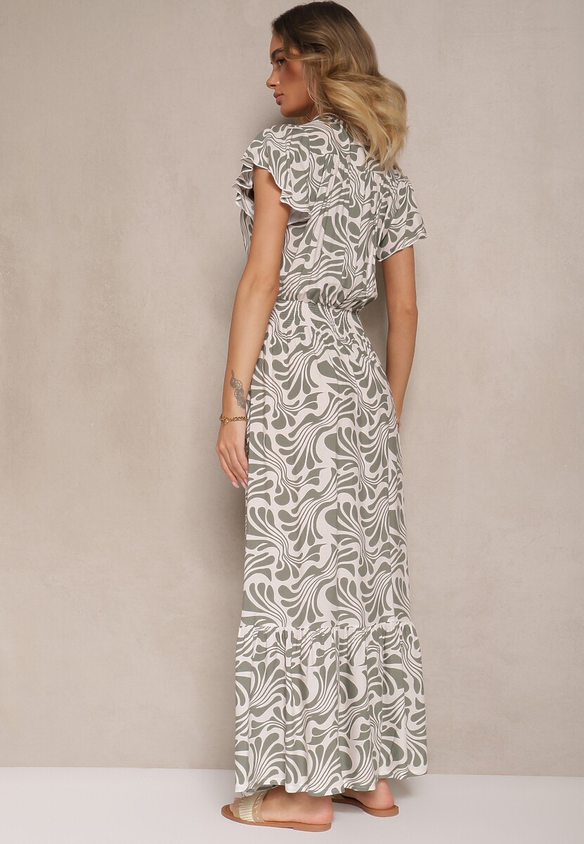 Biało-Zielona Kopertowa Sukienka z Ozdobną Falbanką w Kwiatowy Print Velmoi