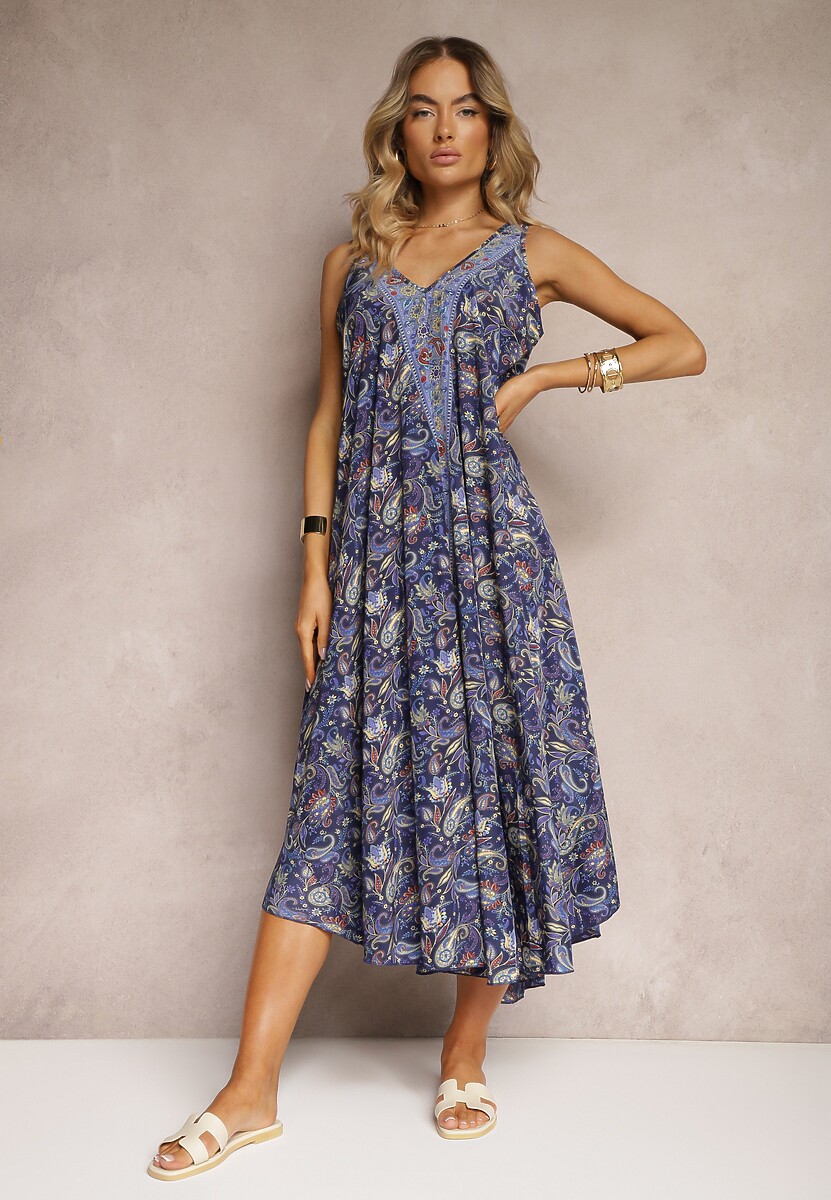 Granatowa Sukienka z Wiskozy o Rozkloszowanym Kroju Bez Rękawów Fradea