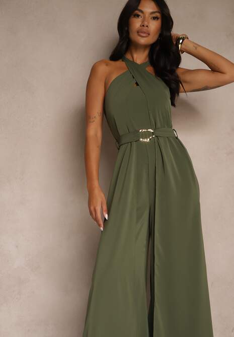 Zielony Kombinezon Koktajlowy Ozdobiony Paskiem z Metaliczną Klamrą Zermira