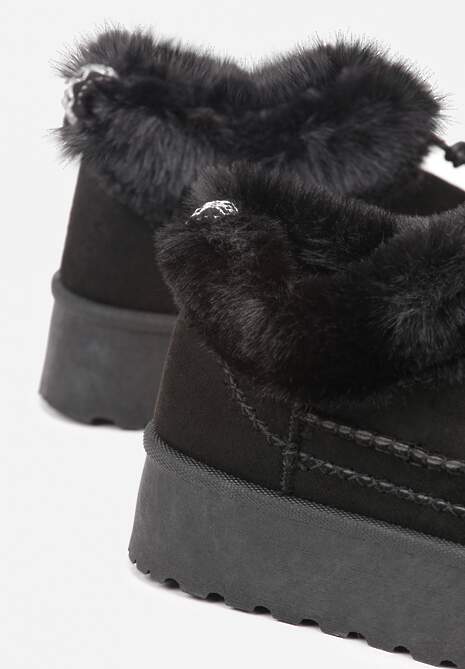 Czarne Śniegowce na Platformie Ozdobione Futerkiem i Przeszyciami Linerva