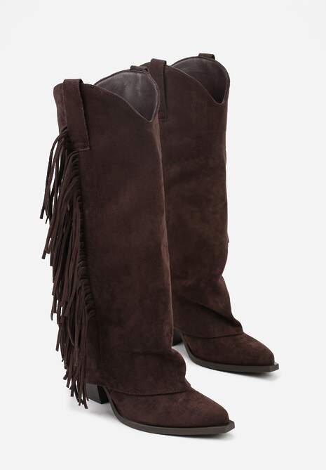 Ciemnobrązowe Kozaki Kowbojki na Stożku z Cholewką Imitującą Nogawkę z Frędzlami Monettea
