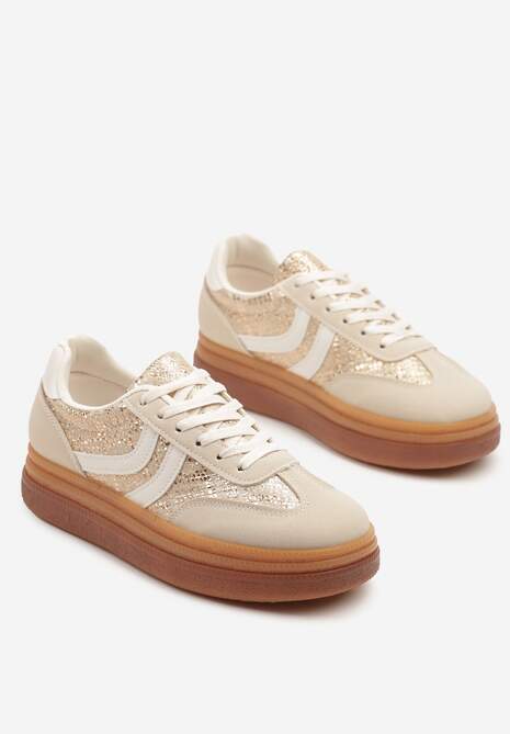 Beżowe Wężowe Sneakersy Typu Kultowe Tenisówki na Niskiej Platformie Olritia