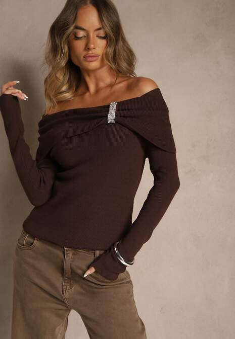 Brązowy Sweter z Wiskozą i Ozdobą z Cyrkonii Mirrise