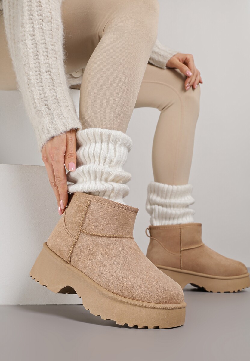 Ciemnobeżowe Śniegowce z Imitacji Zamszu o Wsuwanym Fasonie na Platformie Reilessa