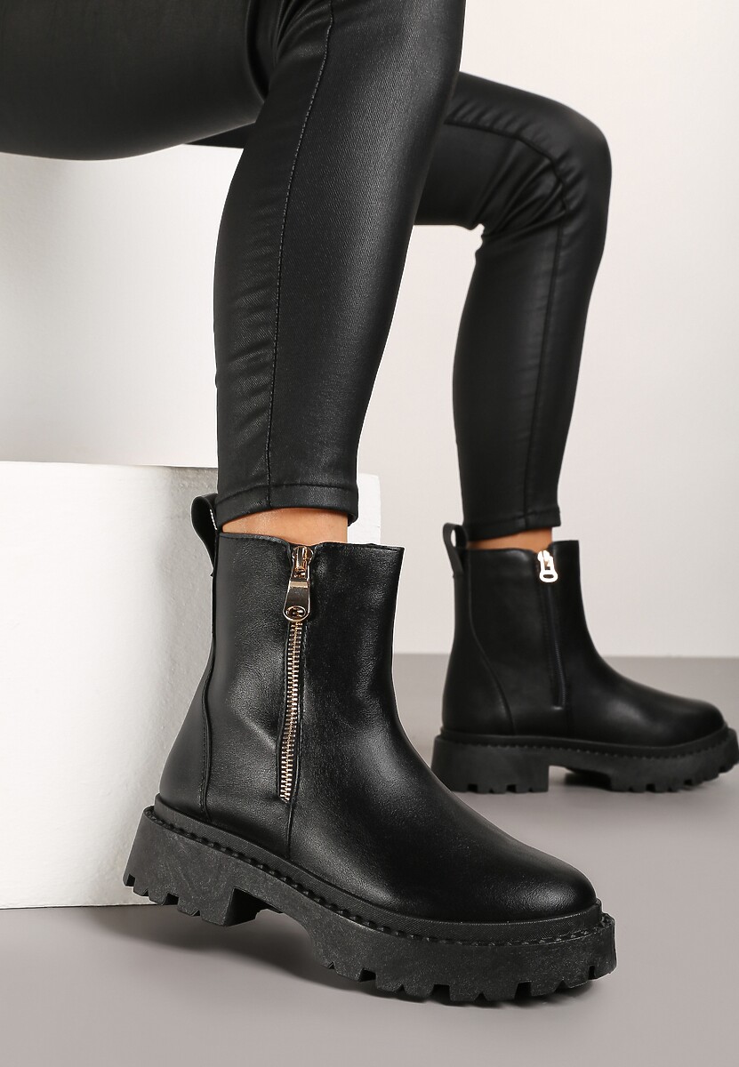 Czarne Płaskie Botki z Suwakiem Tinaferr