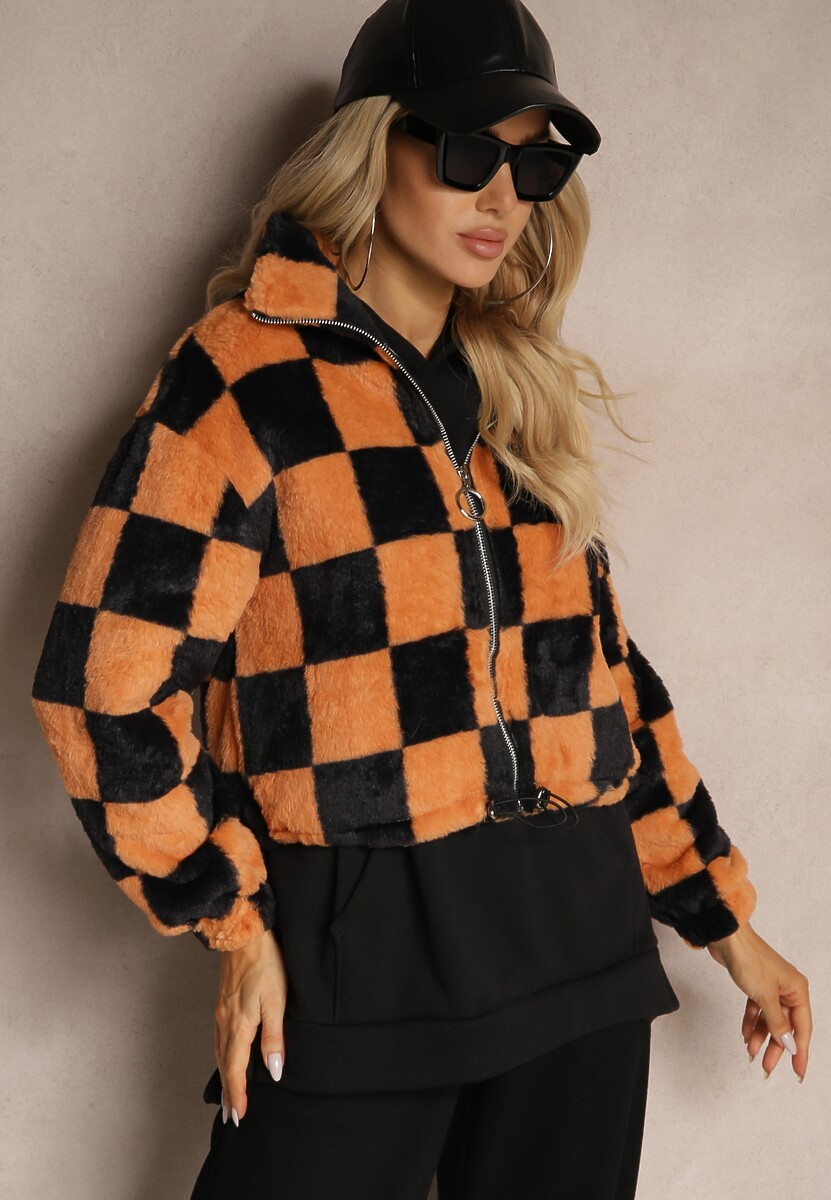 Czarno-Pomarańczowa Kurtka z Futerka Zasuwana z Kołnierzykiem w Kratkę Vitista