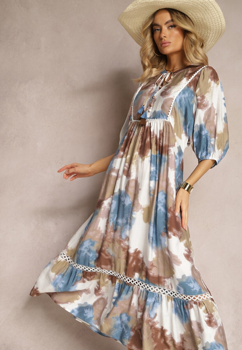 Ciemnobeżowa Sukienka w Stylu Boho z Krótkim Rękawem z Falbanką i Rękawem 3/4 Valendra