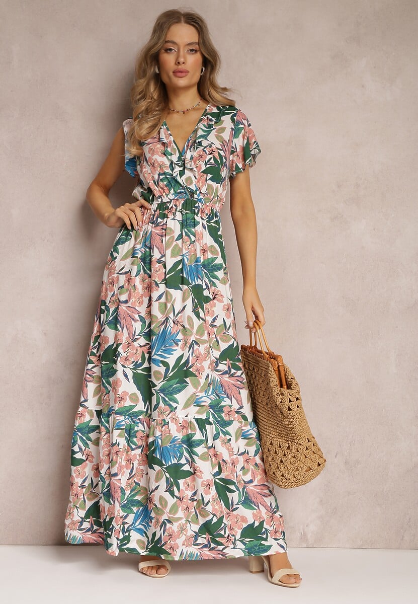 Biało-Zielona Sukienka z Wiskozy Maxi w Kwiaty Mahiza