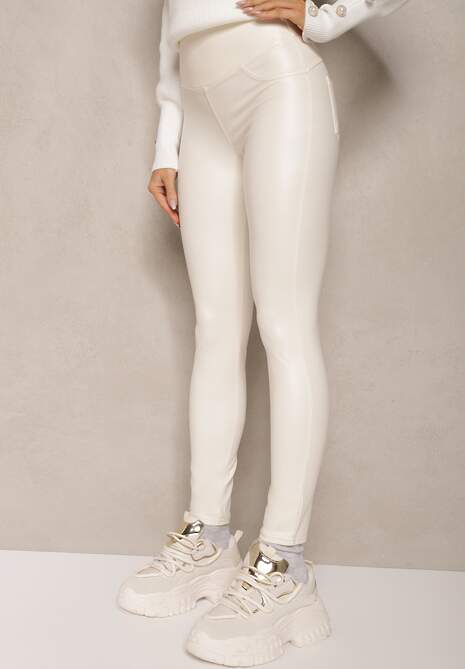 Białe Legginsy z Ekoskóry High Waist z Imitacjami Kieszeni Salabria