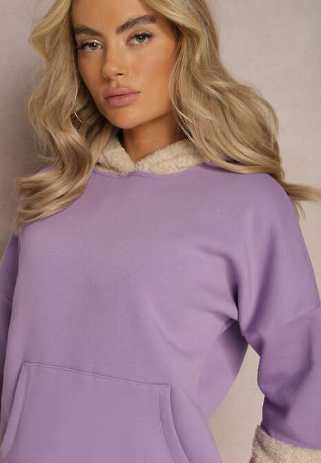 Jasnofioletowa Bawełniana Bluza z Kapturem i Wstawkami z Polaru Qilin
