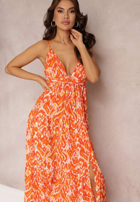 Pomarańczowa Sukienka Maxi na Regulowanych Ramiączkach z Abstrakcyjnym Wzorem Jerela