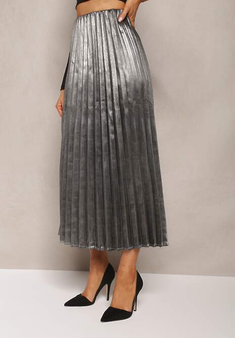 Srebrna Rozkloszowana Spódnica Maxi Zdobiona Plisowaniem i Metaliczną Nicią Dervila