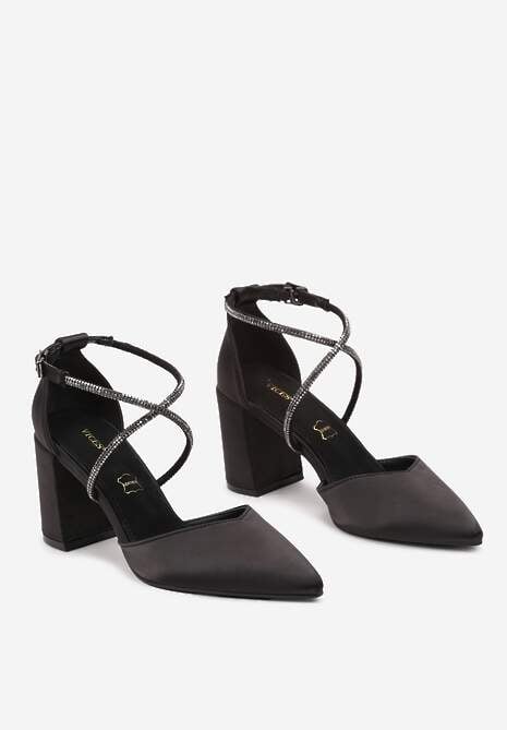 Czarne Satynowe Czółenka Vices z Cyrkoniami i Wkładką ze Skóry Naturalnej Resiyana