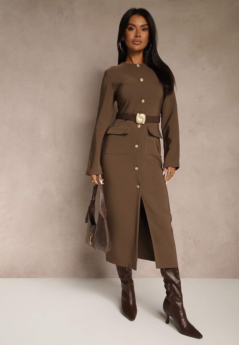 Brązowa Taliowana Sukienka z Eleganckimi Guzikami i Metaliczną Klamrą Espedia