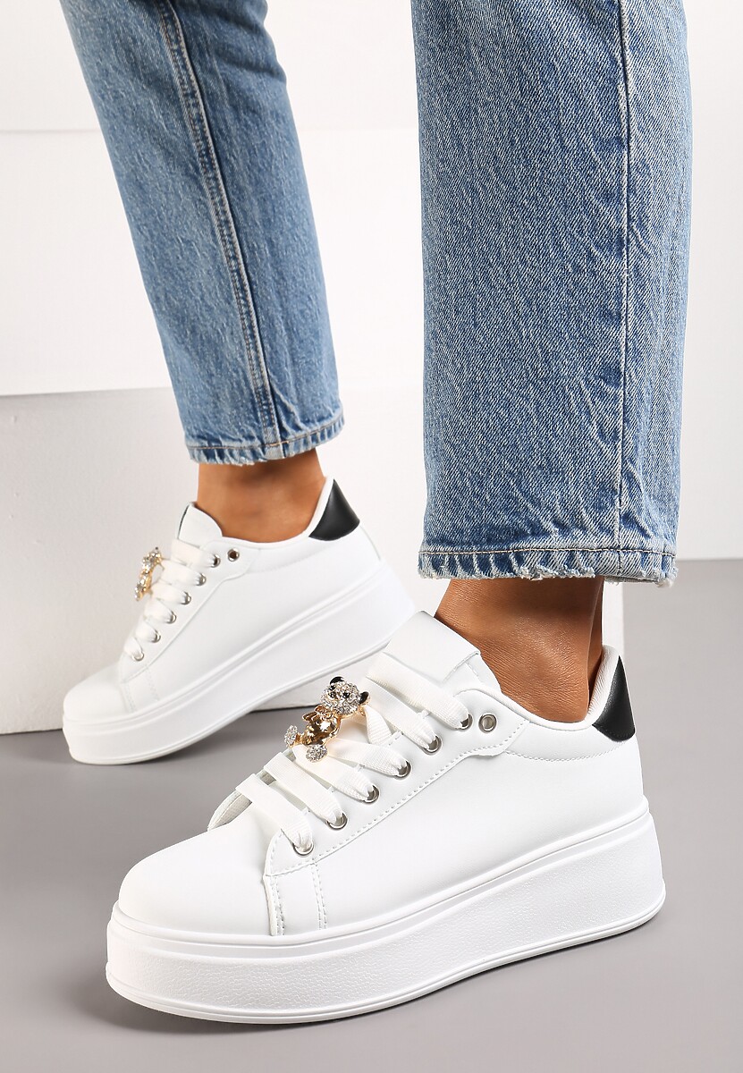 Biało-Czarne Sneakersy z Imitacji Skóry na Platformie z Ozdobą z Cyrkonii Imbercca