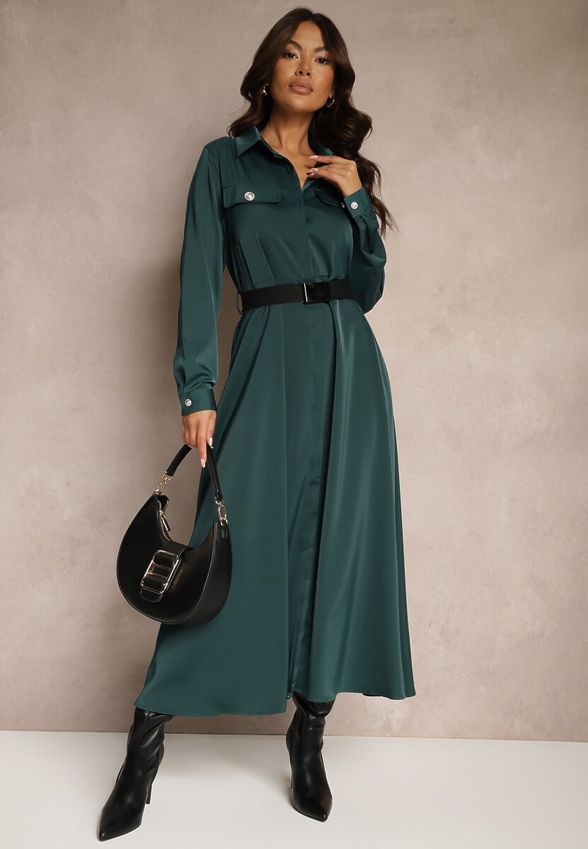 Bordowa Satynowa Sukienka w Stylu Szmizjerki z Imitacjami Kieszeni i Paskiem Vaminay