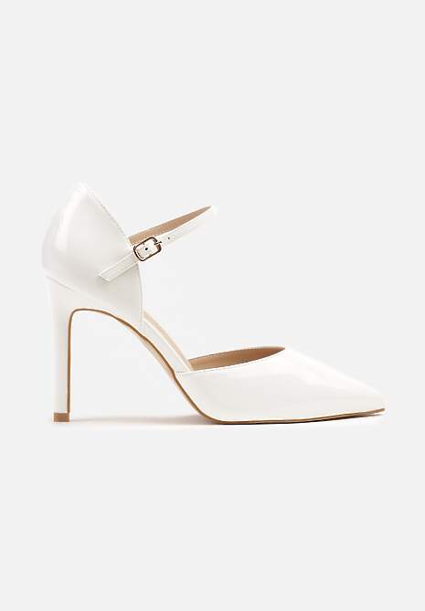 Białe Szpilki z Lakierowanym Połyskiem i Paskiem na Sprzączkę Norilia