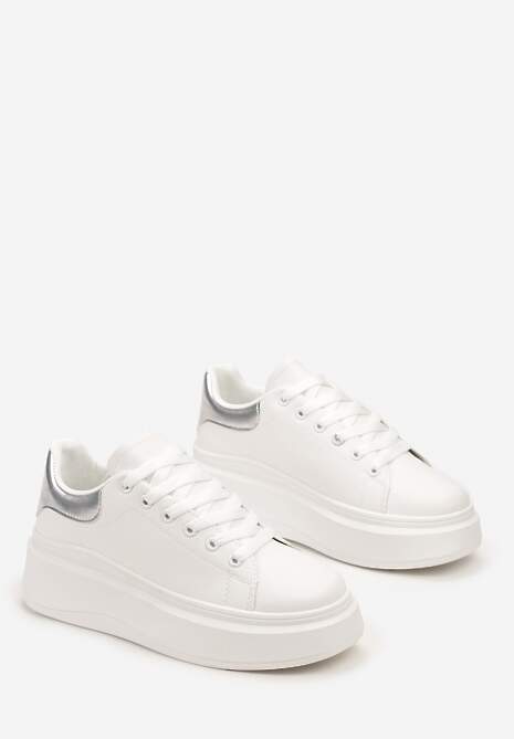 Biało-Srebrne Sznurowane Sneakersy na Niskiej Platformie z Imitacji Skóry Ajanfa