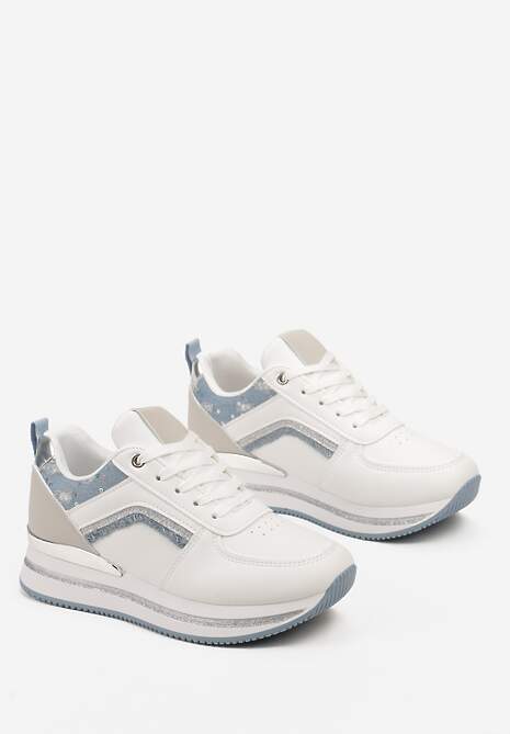 Biało-Niebieskie Sznurowane Sneakersy na Grubej Podeszwie z Cekinami i Brokatem Zallie