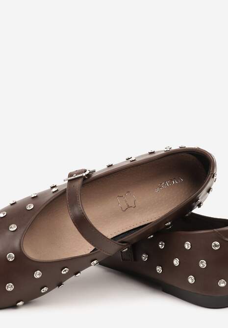 Brązowe Balerinki Vices w Stylu Mary Jane z Ćwiekami i Skórzaną Wkładką Riladora