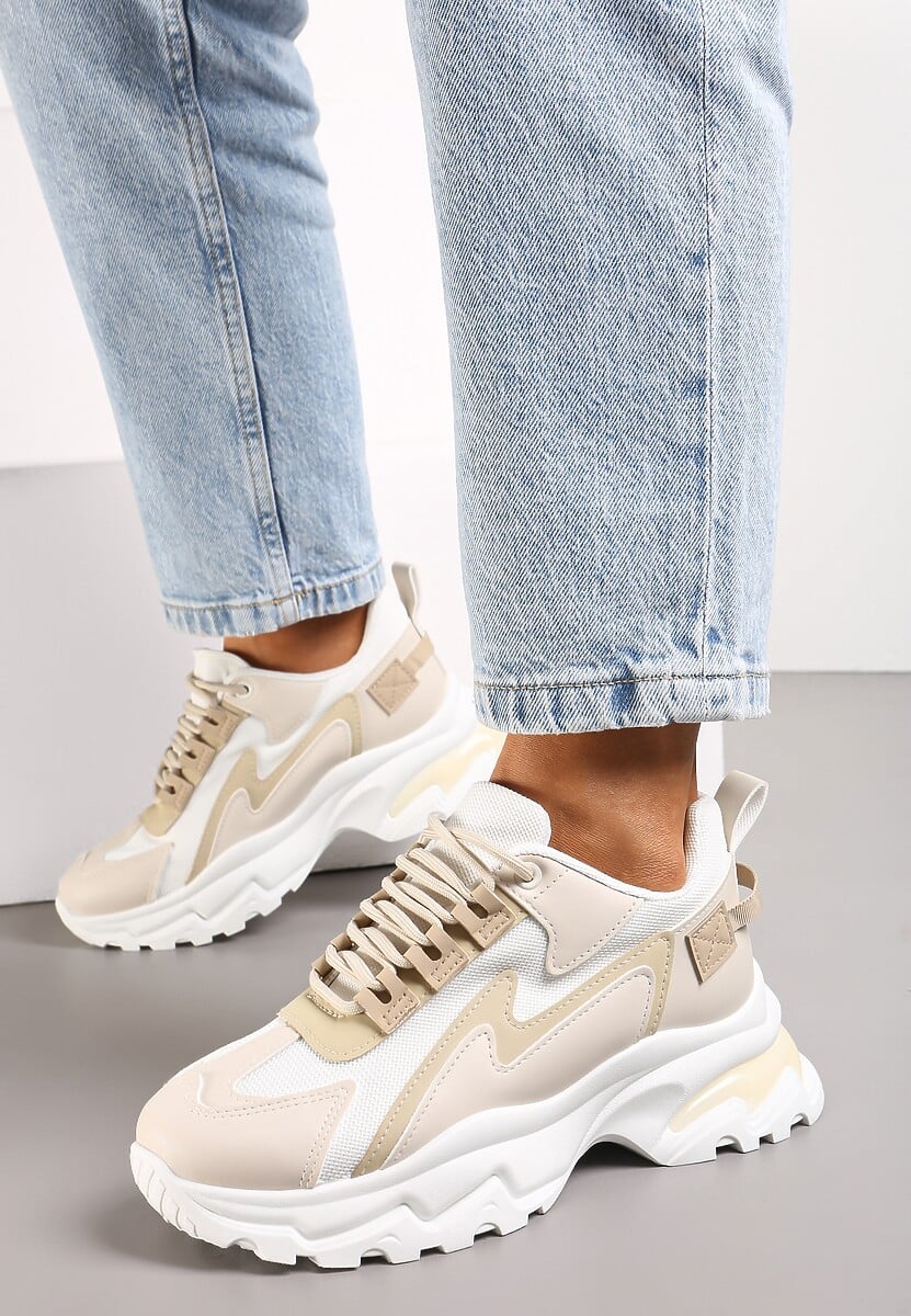 Beżowe Sneakersy Na Grubej Podeszwie z Przeszyciami i Sznurwaniem  Marinil