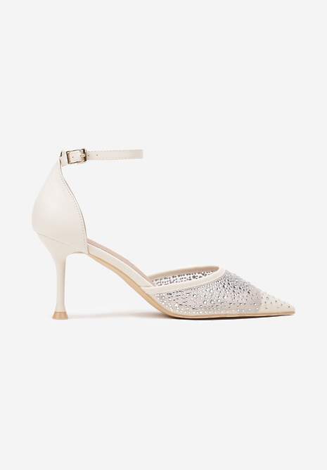 Beżowe Szpilki Vices z Wkładką ze Skóry Naturalnej Ozdobione Cyrkoniami Lizzoa