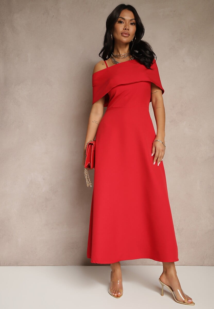 Beżowa Rozkloszowana Sukienka na Ramiączkach z Wywiniętym Dekoltem Jenavitia