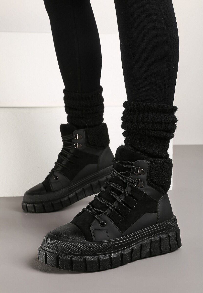 Czarne Botki na Grubej Podeszwie z Futerkiem Nemda