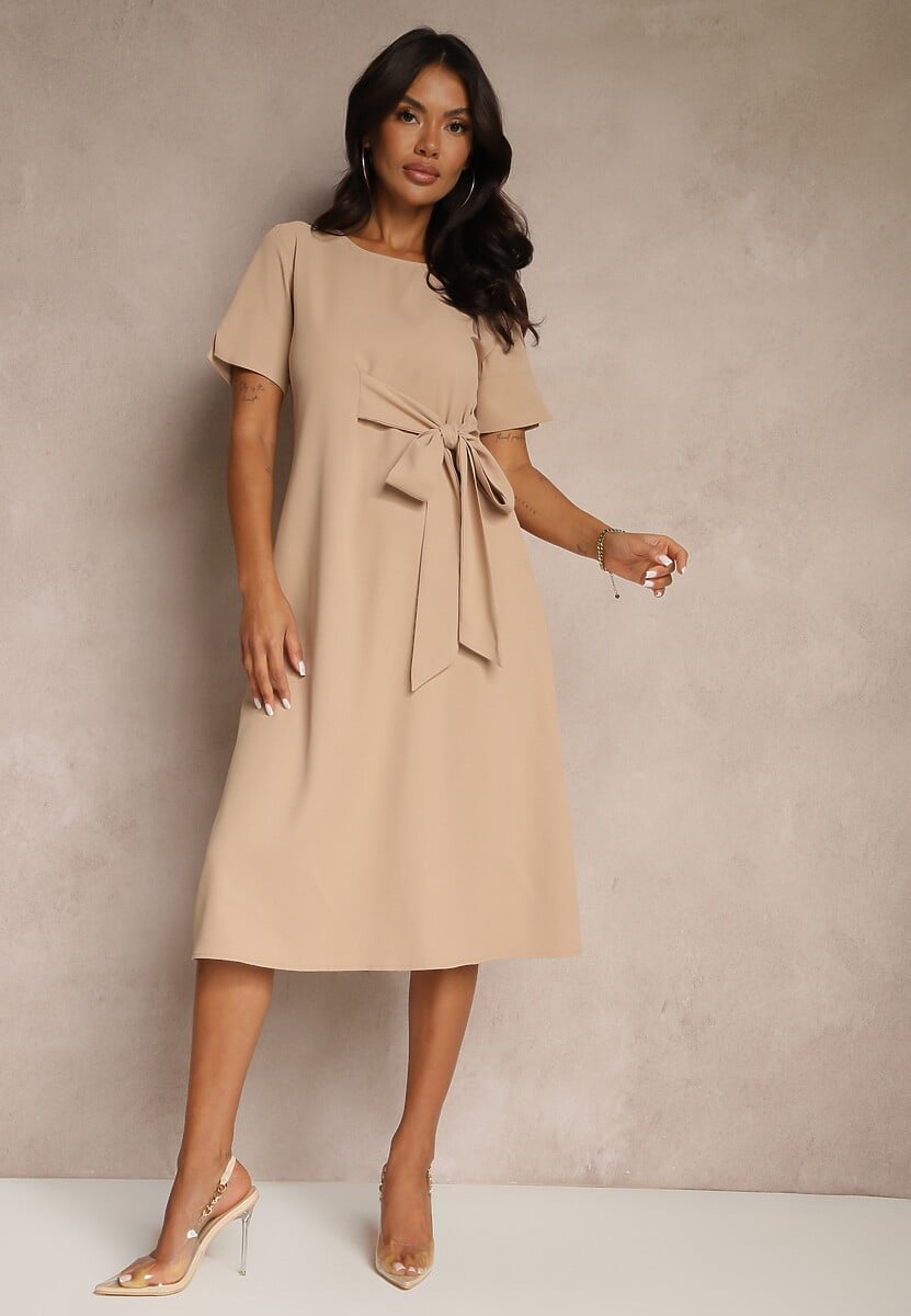 Beżowa Rozkloszowana Sukienka Vices Zdobiona Wiązaniem Folarenne