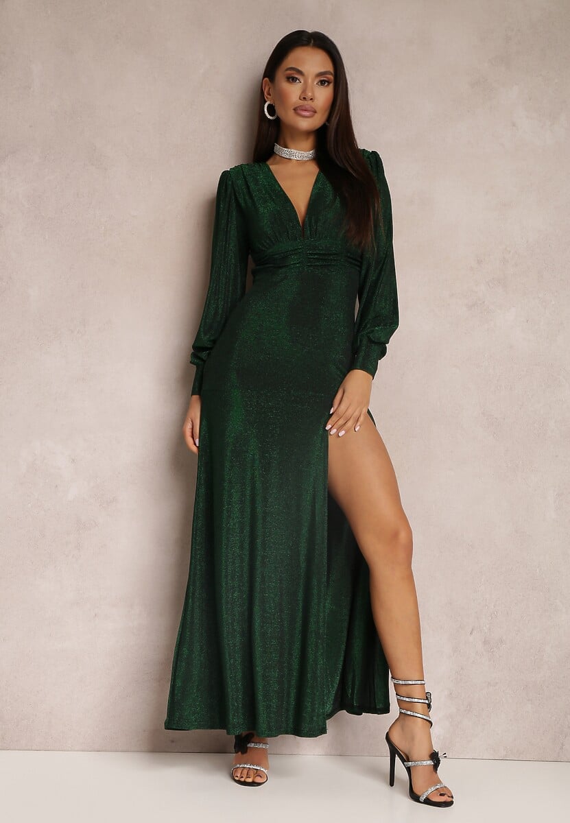 Zielona Sukienka Wieczorowa z Głębokim Dekoltem Phaly