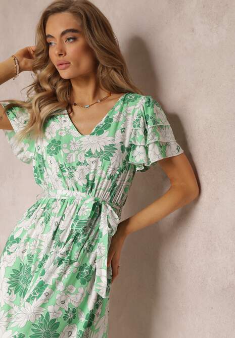 Zielona Sukienka z Wiskozy w Kwiaty z Wiązanym Paskiem Malore