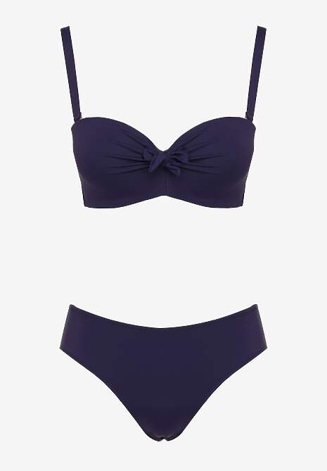Granatowe Bikini Strój Kąpielowy Dwuczęściowy z Ozdobnym Marszczeniem Nariella