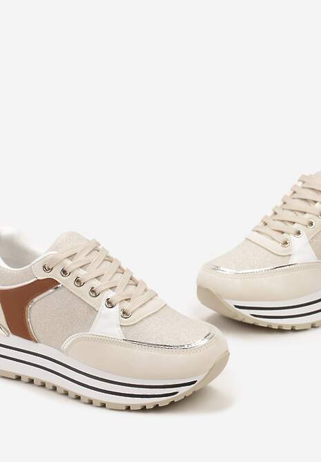 Beżowe Sneakersy z Brokatową Dzianinową Wstawką Atobia