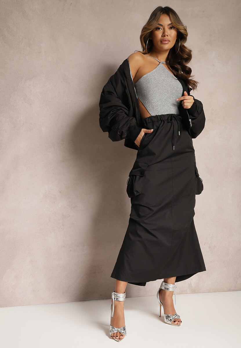 Czarna Marszczona Spódnica Midi w Stylu Cargo z Gumką w Talii Gacieam