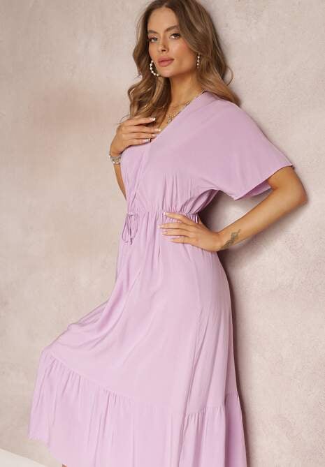 Fioletowa Wiskozowa Sukienka z Troczkiem z Frędzlami i Gumką w Pasie Tresis